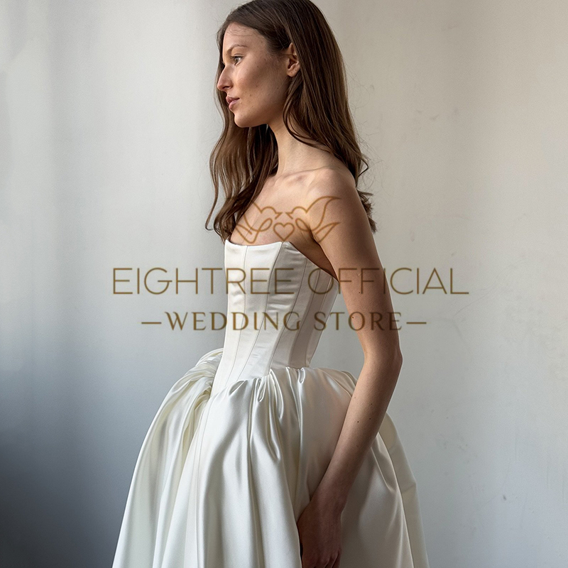 Eightree Boho A-Line Wedding Dresses Strapless Sweep Train Satin Bridal Dress Formal Long Wedding Ball Prom Gowns Customized