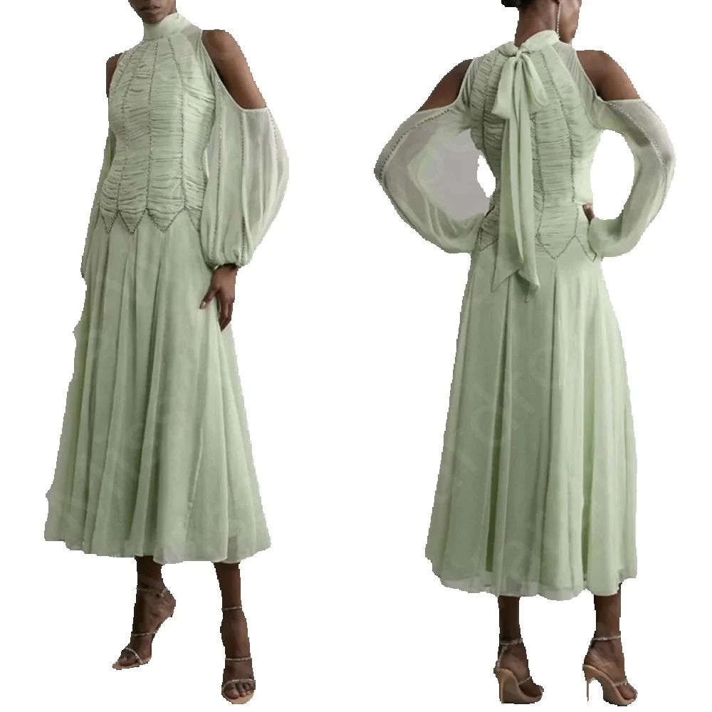 Customized Classic Sage Evening Dresses Mid Calf Length Arabic Prom Party Gowns Off Shoulder Wedding Guest Dresses High Neck