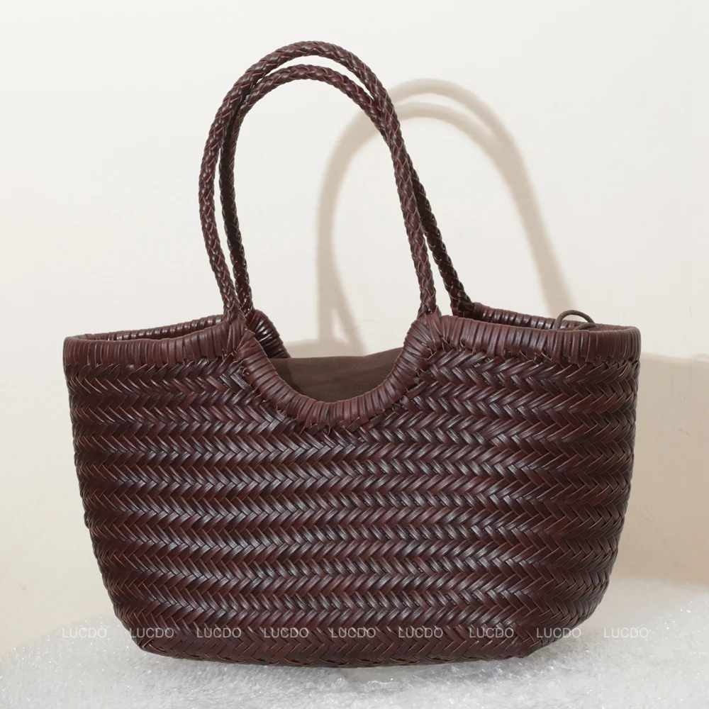 Bolsos de mano para mujer, bandolera de cuero auténtico, bolso de compras informal tejido, bolso grande Vintage, bolsos de mano cruzados de piel de vaca para mujer