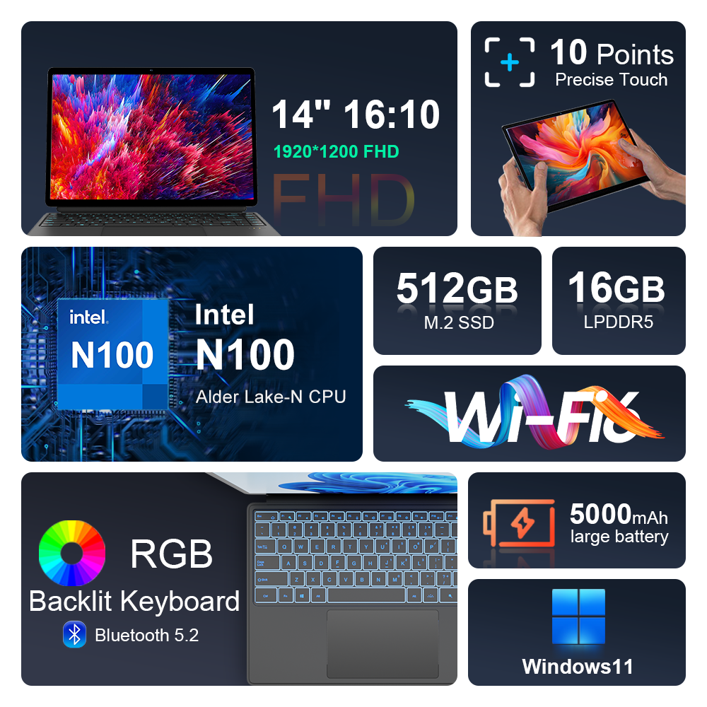 Tablette Mini ordinateur portable 14 pouces 2 en 1 Intel N100 16GB + 512GB 1200P IPS écran tactile Windows 11 ordinateur portable livraison gratuite