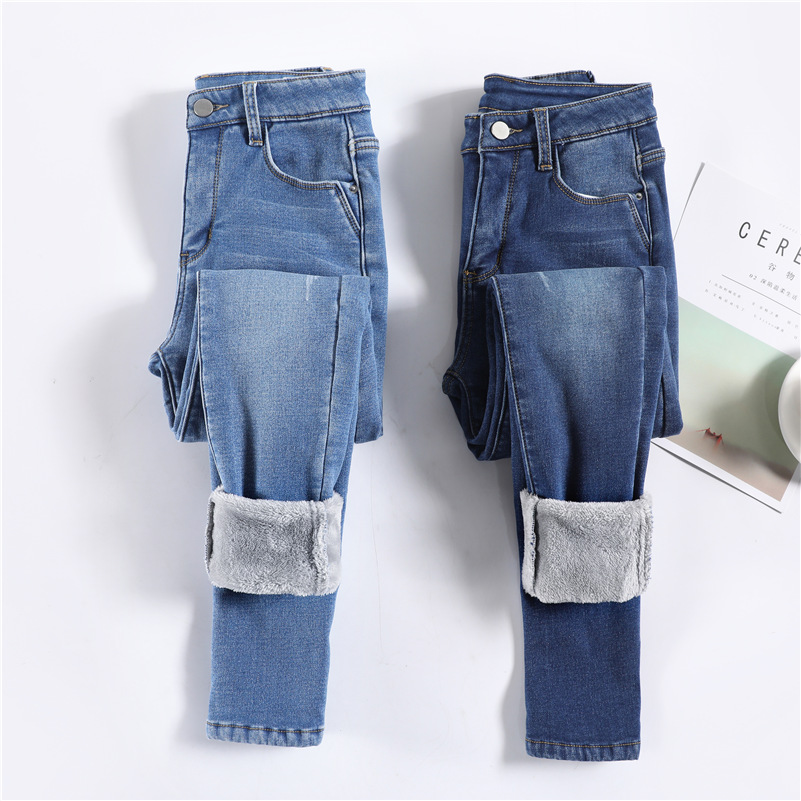 Frauen Thermische Jeans Winter Schnee Warme Plüsch Stretch Jeans Dame Dünne Verdicken Fleece Studenten Hosen Weibliche Retro Blaue Hose