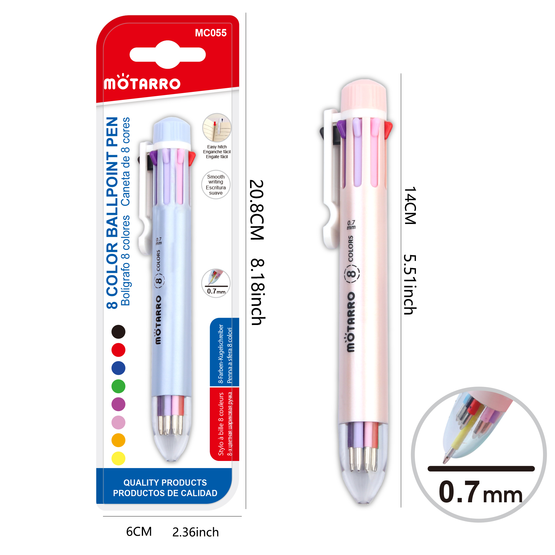 MOTARRO-Ensemble de stylos à bille multicolores pour enfants, séchage rapide, eau, papeterie scolaire, stockage, 8 couleurs, 0.7mm