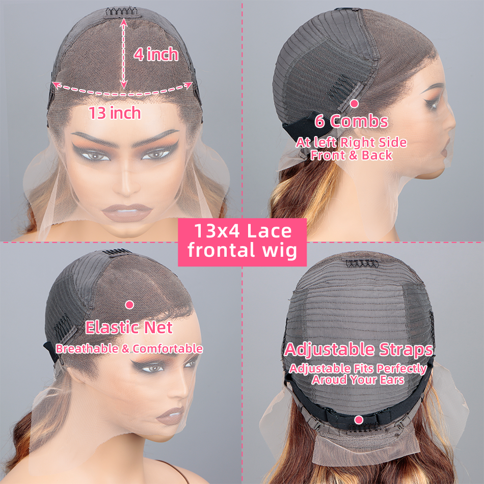 ハニーブロンドレースフロントウィッグ,人間の髪の毛,陰影のあるハイライト,事前に摘み取られた,密度200,13x4,13x6, 4/27