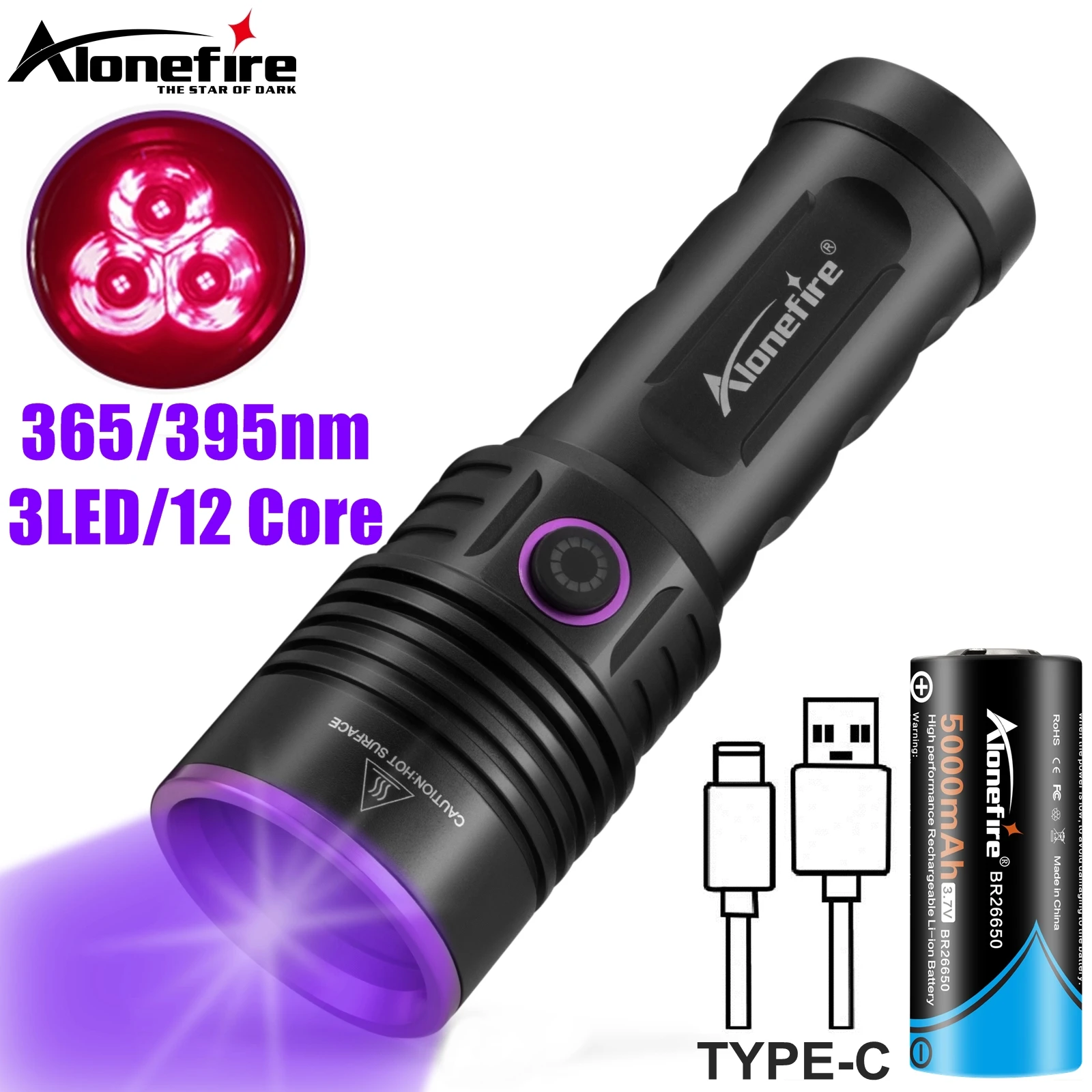 Linterna UV de alta potencia de 60W, 365nm, luz negra, recargable, curado, marcador de manchas de perros y gatos, minero, dinero, escorpión, lámpara fluorescente de control