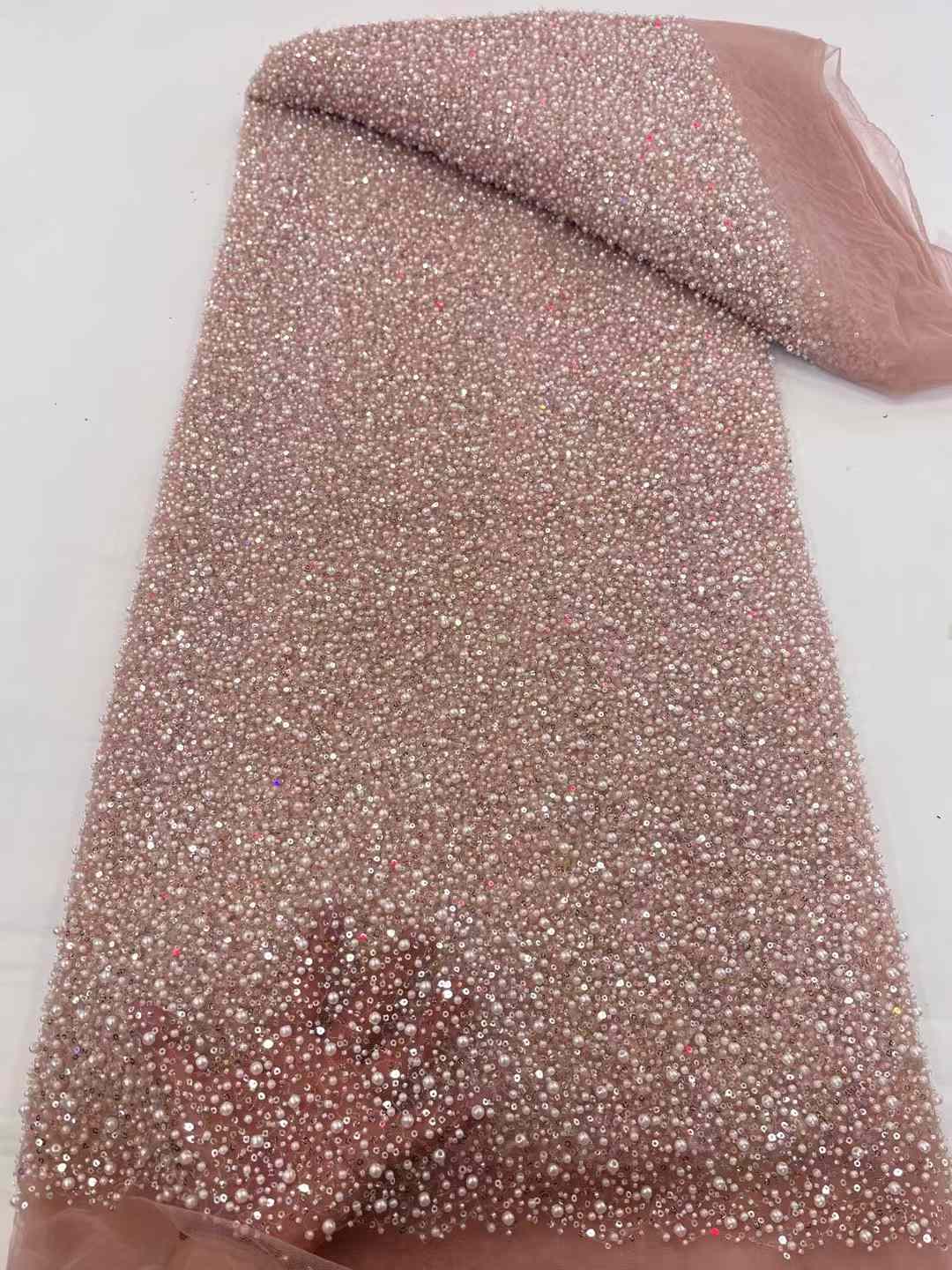 Luxuriöser Perlen-Pailletten-Spitzenstoff, nigerianischer Spitzenstoff 2024, hochwertige Spitze, rosa bestickter Stoff für Damen-Abendkleid