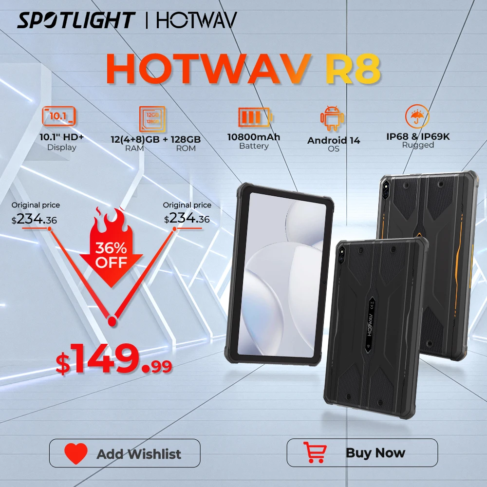 HOTWAV R8 Robustes Tablet 10800 mAh Massiver Akku Android 14 Pad 10,1'' HD+ Display 4 GB 128 GB 13 MP Kamera Global 4G Tablet PC
