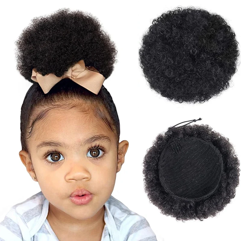 4 นิ้ว Afro พัฟ Drawstring หางม้าสําหรับสาวเด็กผู้หญิงสีดําขนาดเล็กสังเคราะห์ผม Buns Kinky Curly ผม Donut Chignon