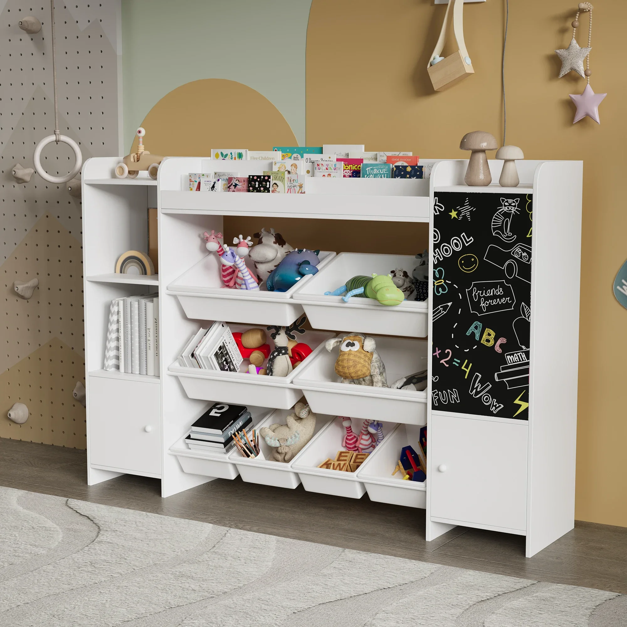 Rosahqnda Kinder-Bücherregal, Aufbewahrungsregal für Spielzeug und Bücher, mit 8 Boxen, mit Tafel, 137 x 30 x 94,5 cm
