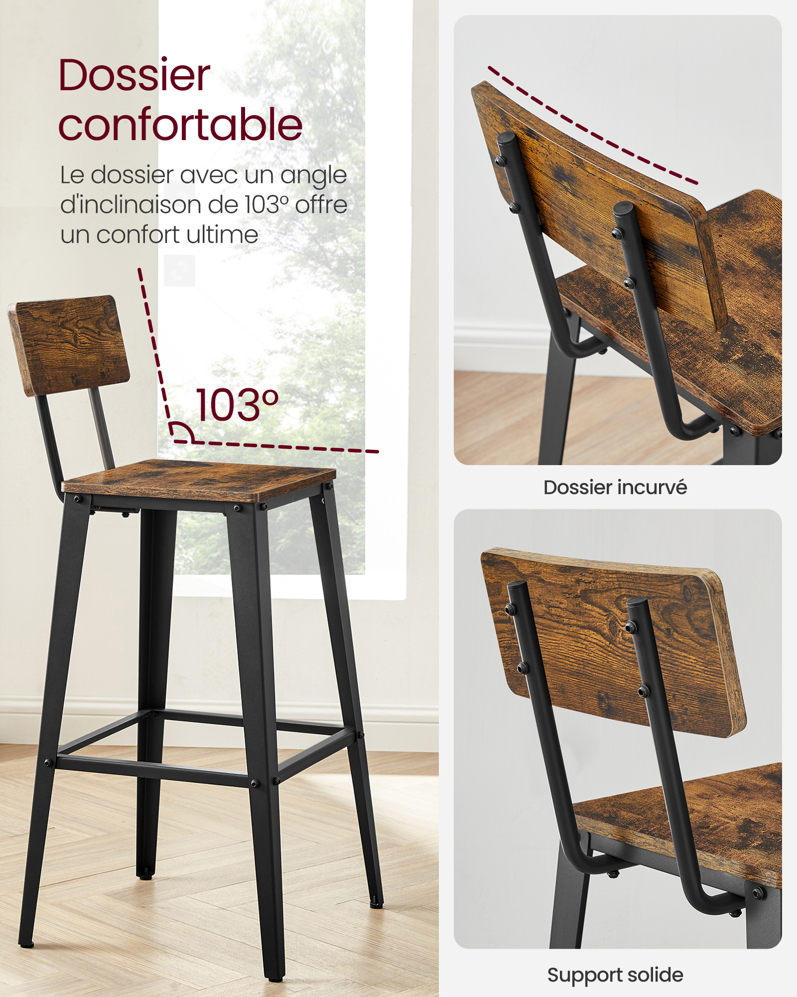 VASAGLE Tabouret Bar Industriel, Lot de 2, Chaise Bar Cuisine, avec Dossier, Cadre en Acier, Montage Facile, Style Industriel, Marron Rustique et Noir d'encre