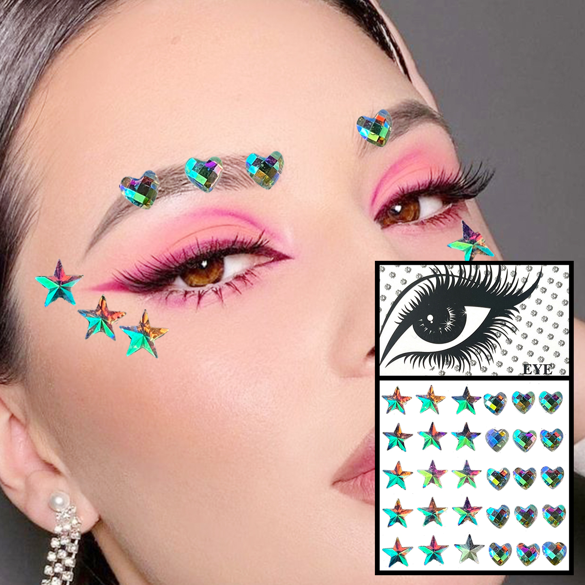 Trái Tim Đỏ Mặt Trang Sức Hình Xăm Tạm Thời Mắt Trán Kim Cương Ngọc Trang Điểm Miếng Dán Lấp Lánh Giọt Nước Đá Quý Đinh Lễ Hội Nghệ Thuật
