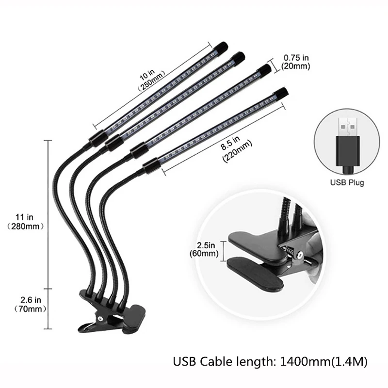 1/2/3/4 Head LED Plant Grow Light With Clip-on Plant Light 3 Light Color Switching USB Timable Dimming Full Spectrum Grow Lamp