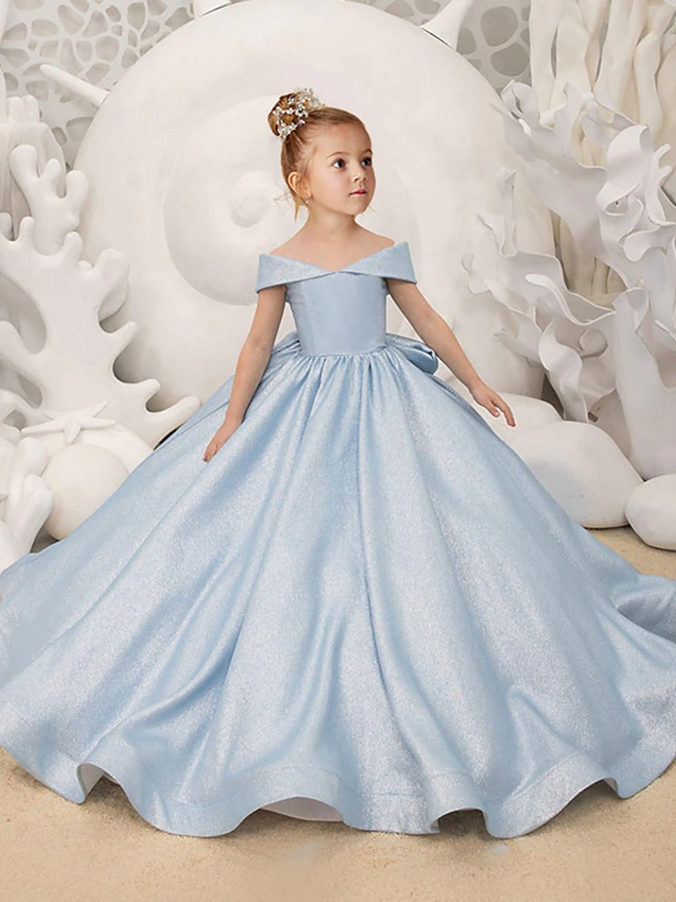 Schulterfreies langes Blumenmädchenkleid mit eleganter Schleife, Prinzessin, Satin, Ballkleid für Kindergeburtstag, Party, Erstkommunion