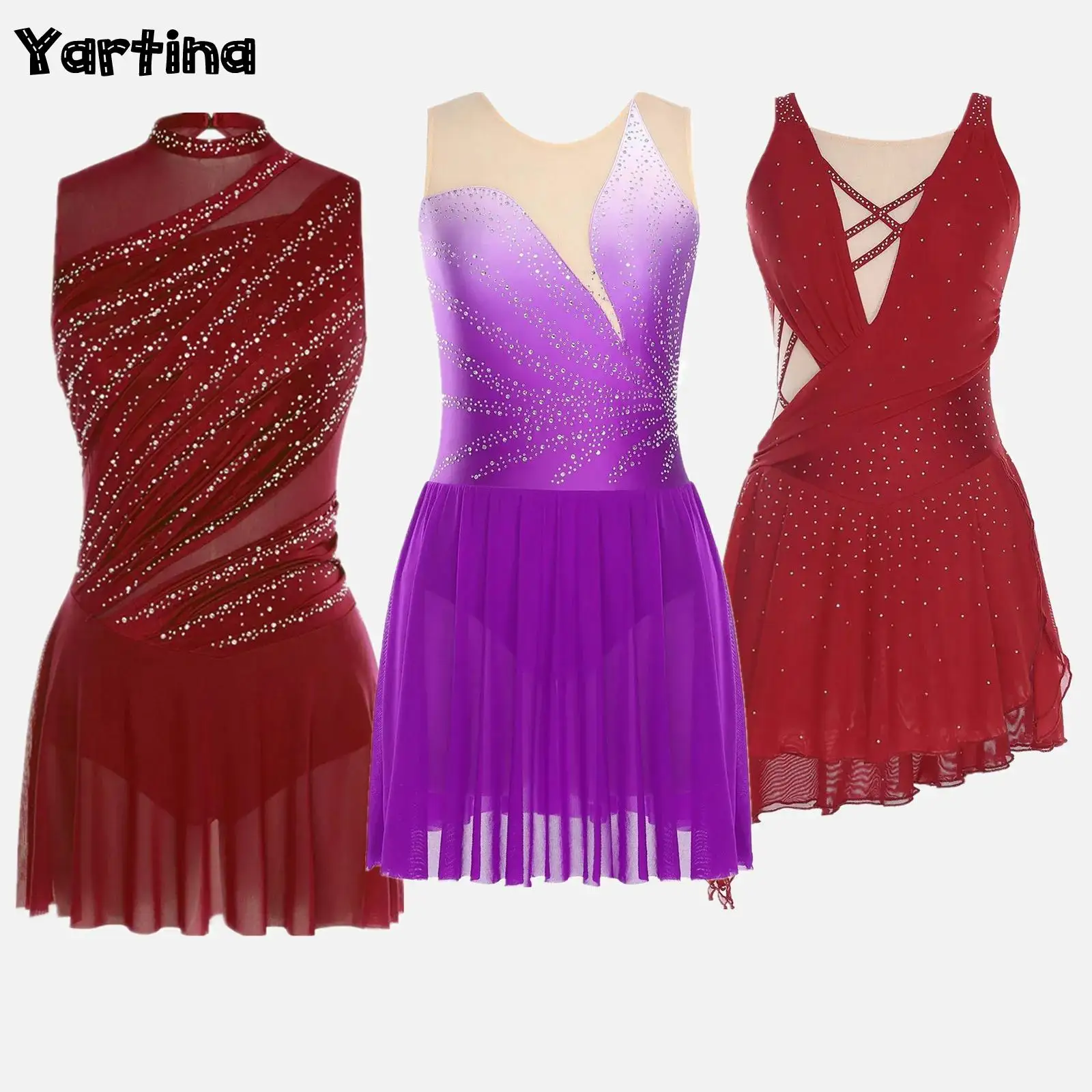 Damen-Gymnastik, künstlerisches Eiskunstlauf-Ballett, lyrischer Tanz, Trikots, Kleid mit Strasssteinen, integrierten Knöpfen im Schritt, Slips