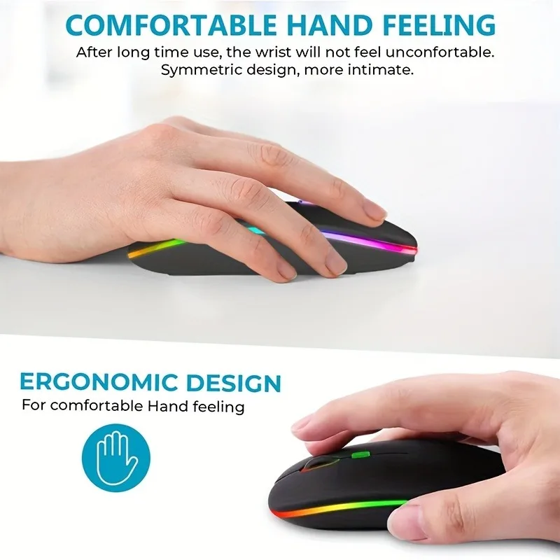 Ratón inalámbrico Compatible con Bluetooth, 2,4 GHz, modos duales, recargable, RGB, ergonómico, silencioso, clic para PC, iPad, portátil, Huaiwei
