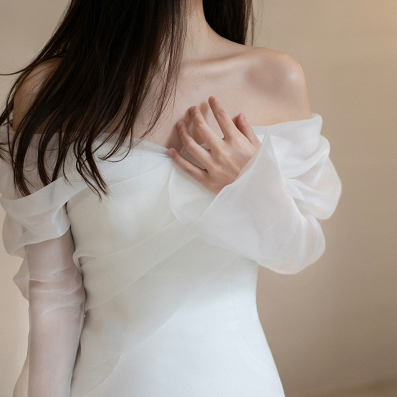 GIYSILE Vestido de noiva leve de cetim com um ombro, corte simples e fino, doce, manga comprida, vestido de noite de noiva