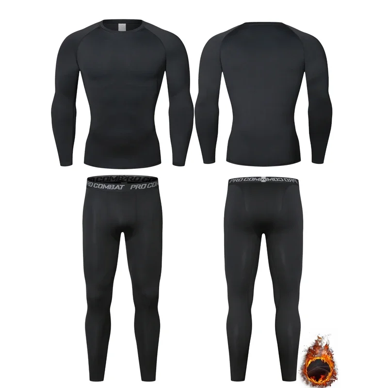 冬のメンズフリースタイトな服スーツ長袖 Tシャツ + ズボンウォームスーツフィットネスエクササイズ高弾性スピードドライ服