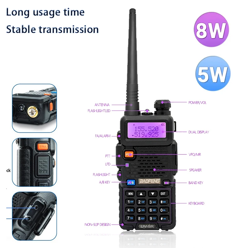1PC/2PCS Baofeng UV-5R USB Long Range Ham Amateur With FM Radio Long Range Portable Two Way Radio Baofeng CB Radio Walkie Tal