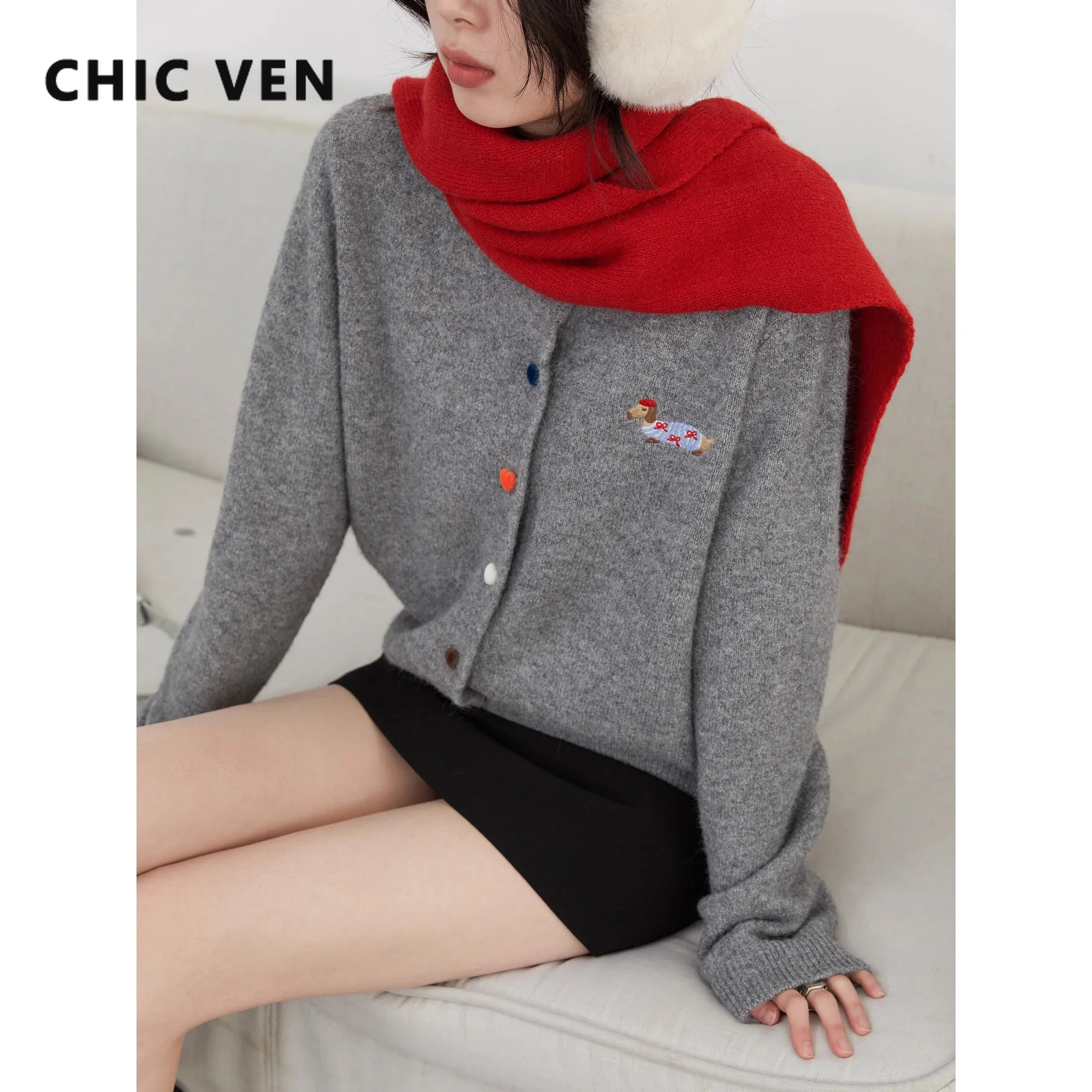 Chique ven feminino cardigan solto casual novo em torno do pescoço amor botão cão bordado blusas de malha feminino topo primavera outono 2025