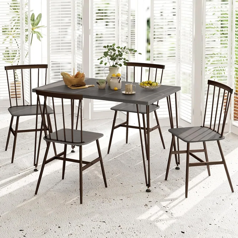 Dining Table Set for 4, Kitchen Table and Chairs Set of 4 w/Metal Frame, 360° Swivel Feet, Space-Saving Dinette Table