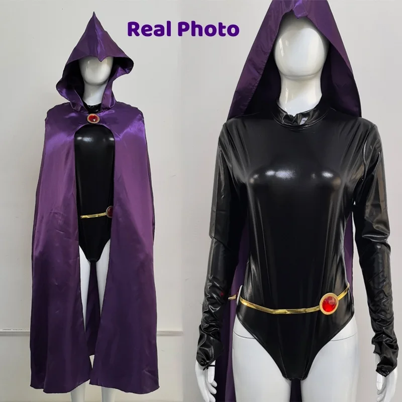 タイタンズレイヴン-10代のコスプレ衣装,完全なセット,戦闘服,紫色のフード付きマント,魔法の女の子,女性の衣装