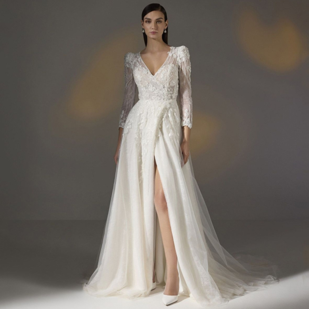 Exquisite Slit A-Line Wedding Dress V-Neck and Long Sleeves Tulle with Applique Open Back Bride Sweep Train Marriage Customized