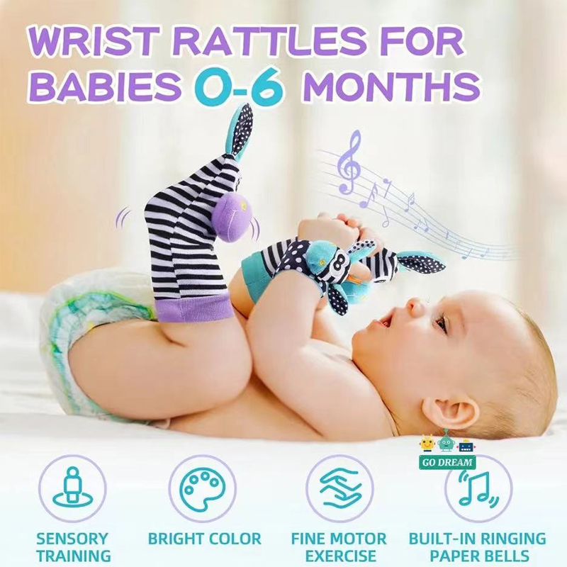 0-12 mesi Sonagli per bambini Giocattoli Calzini per animali Cinturino da polso + Sonaglio Calzini per piedi per bambini Bug Cinturino da polso Calzini per bambini Ciuccio Giocattoli