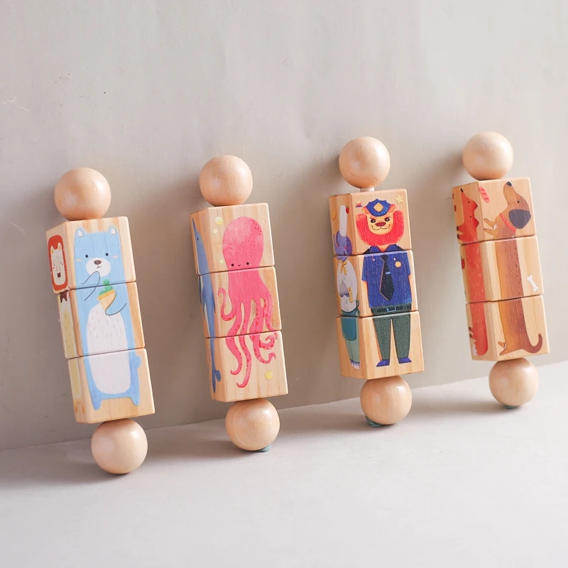 1pc Baby Wooden Rotating Rattle Animal Matching Building Blocks Newborn Soothing Toy Rotating Puzzle Montessori Toys for Babys