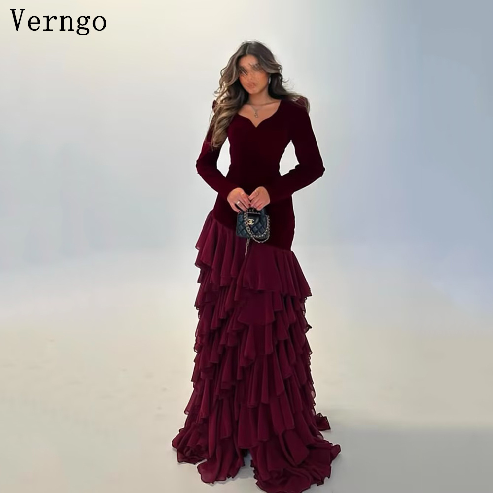 Verngo-Robe de Soirée Bordeaux à Col Rond et Manches sulf, Tenue de Bal à Plusieurs Niveaux, Robes pour Occasions Formelles aniques Personnalisées