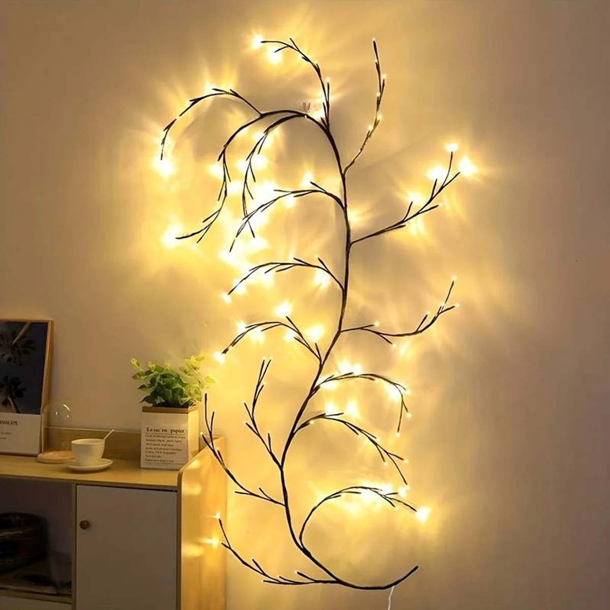 Luz de rama de árbol para decoración del hogar, iluminación nocturna de escritorio, fiesta de pared, alimentada por USB, bricolaje, festiva, vid, 96LED, 8 modos, 1 unidad