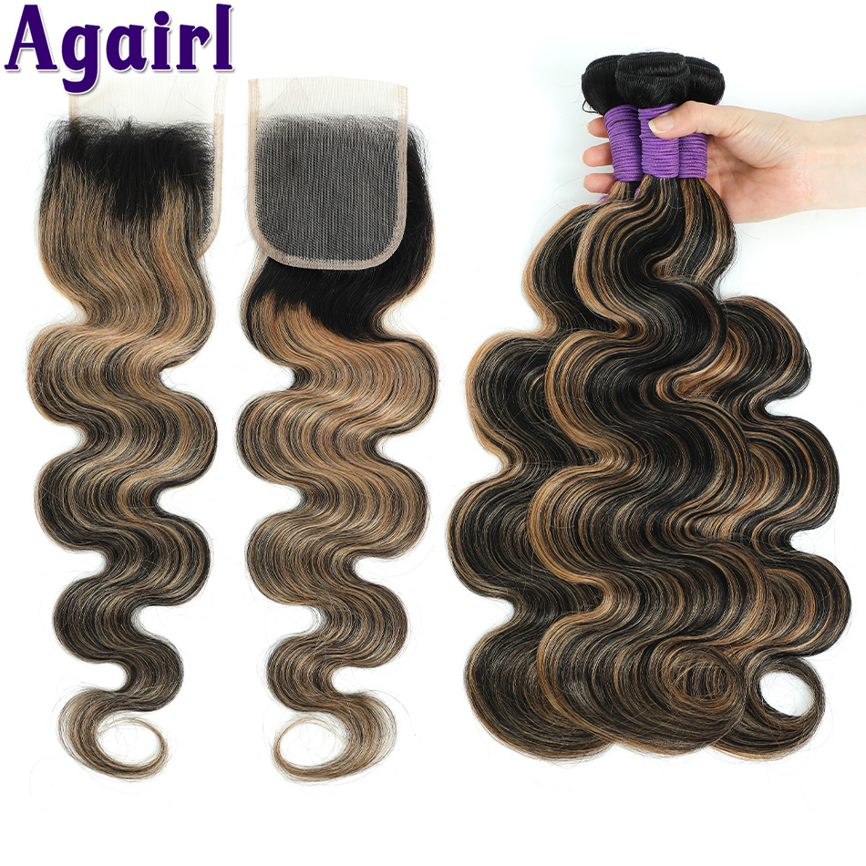 Extensiones de cabello humano brasileño con cierre, mechones ondulados de encaje Frontal, Rubio, 1B/27, 13x4