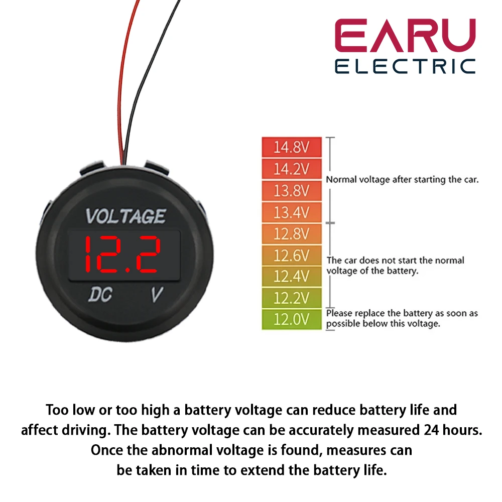 earu DC 0-40V Waterproof Voltmeter LED Digital Display Voltage Meter for Car Motorcycle battery LED Panel Volt Monitor 12V