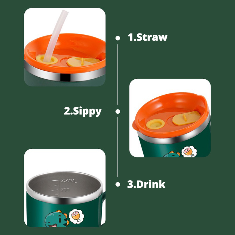 250ml Kinder trinken Fütterung stroh Baby Tasse mit Deckel & Stroh und Anti-Drop 8,5 Edelstahl Milch becher Cartoon Einhand griff