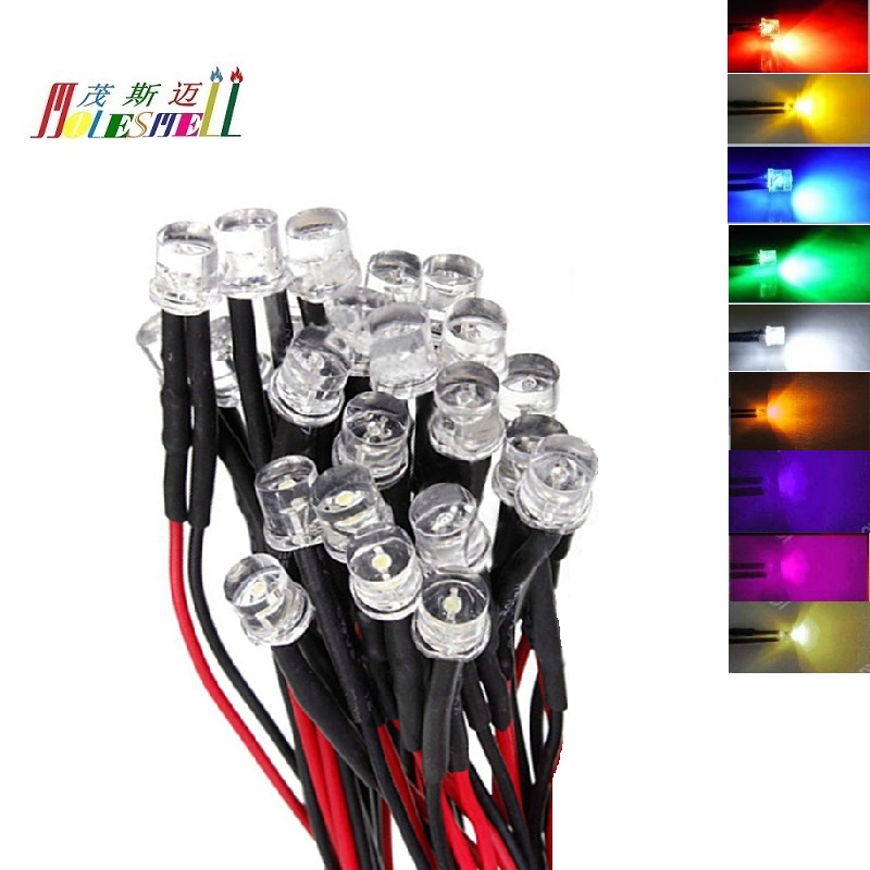 10pcs 5mm 5V 6V 7V Flat Top Water Clear Pre-Wired Red Yellow Blue Green White Orange Purple Pink Warm White Wired Led Light Lamp