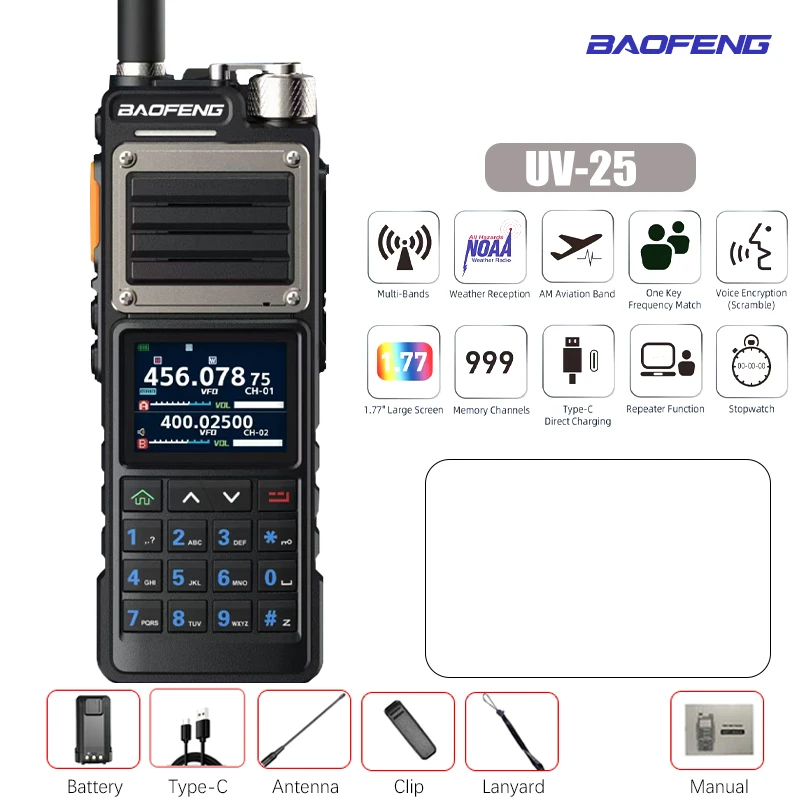 Baofeng UV-25 Air Band Walkie Talkie 16 W kabellose Kopierfrequenz NOAA Typ-C Ladegerät AM Long Range Ham Two Way Radio