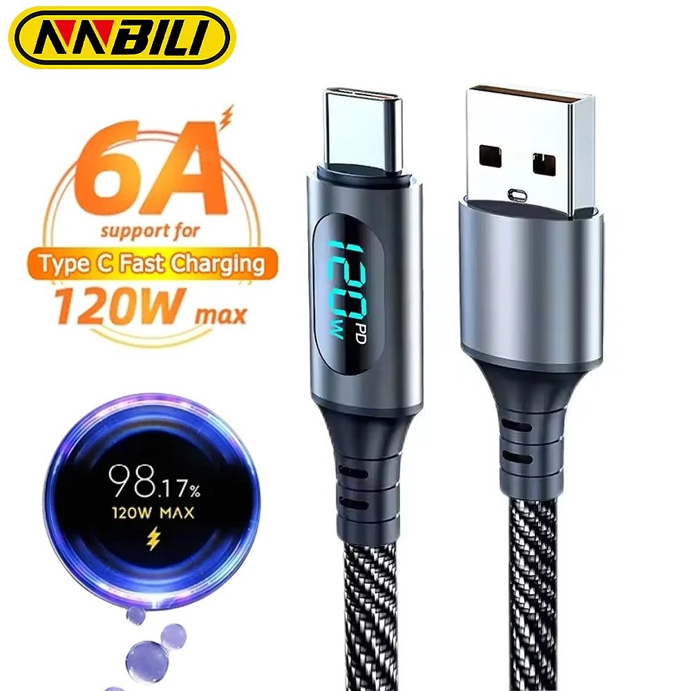 NNBILI 120W Tipo-C Cavo di ricarica super veloce Display digitale a LED Cavo dati USB C adatto per Huawei Xiaomi Samsung 1/2M