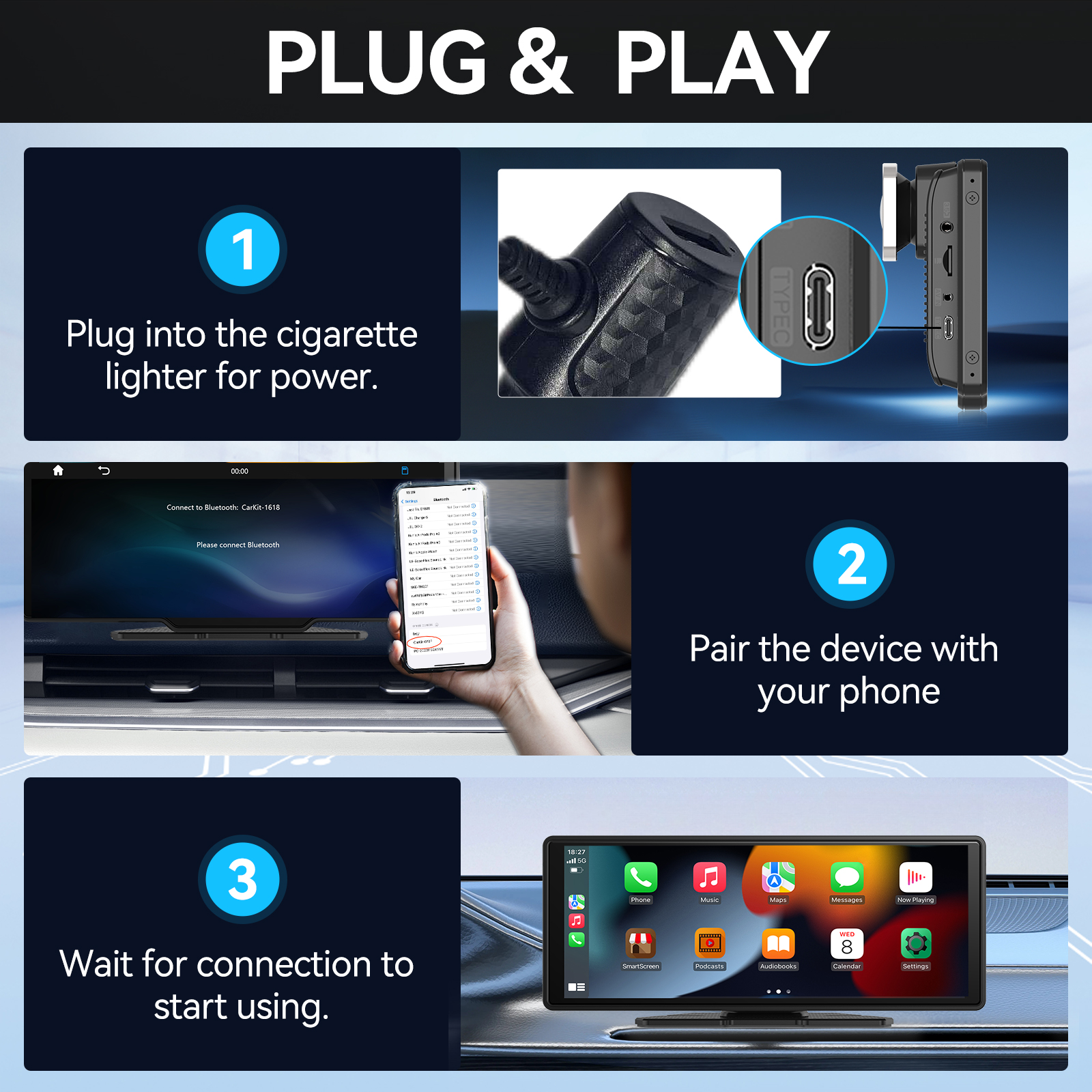 Pionray 10,26 "Универсальный CarPlay Android Auto автомобильный радиоприемник мультимедийный видеоплеер IPS сенсорный экран с AUX USB камера заднего вида