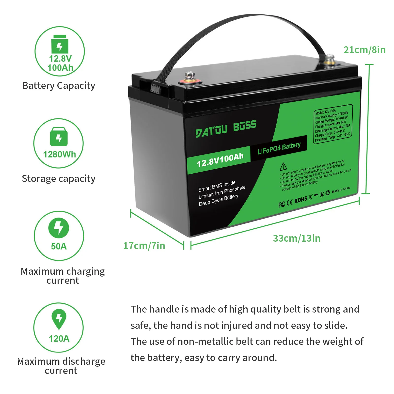 DATOUBOSS 12V100Ah Akumulator litowo-żelazowo-fosforanowy o głębokim cyklu Wbudowany inteligentny system BMS do wózków golfowych RV Łódka Układ Słoneczny BEZ PODATKU
