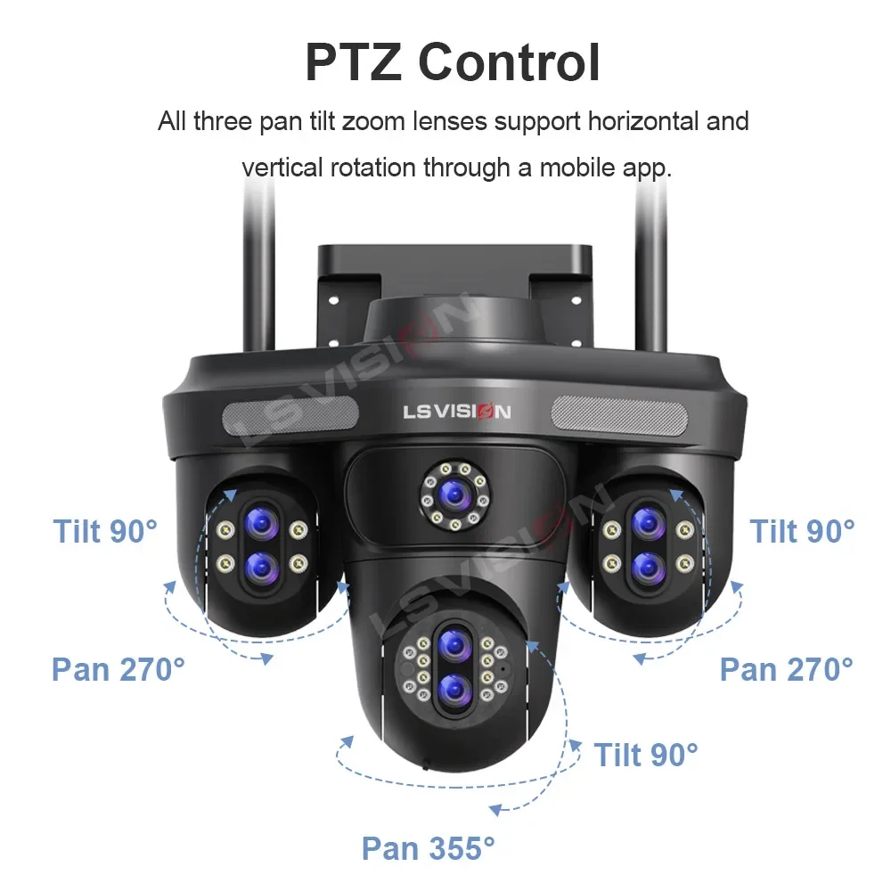 LS VISION 35MP Four Screens WiFi Security Camera Outdoor Seven Lens Three PTZ 10X Optical Zoom Cameras Auto Tracking CCTV Camera