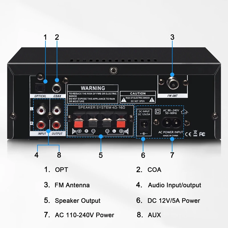 Woopker AK55 HiFi Audio Amplifier Max 900W Digital Bluetooth 5.3 AMP RMS 70W+70W Channel 2.0 Supports Dual MIC Inputs FM Radio