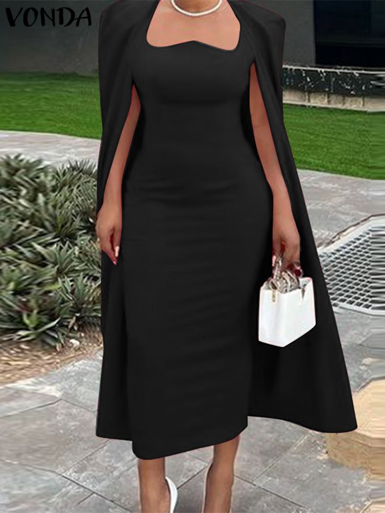ボンダ-女性のためのセクシーなケープスリーブのドレス,イブニングドレス,タイトフィット,スクエアカラー,ラージサイズ,5xl,秋,2024