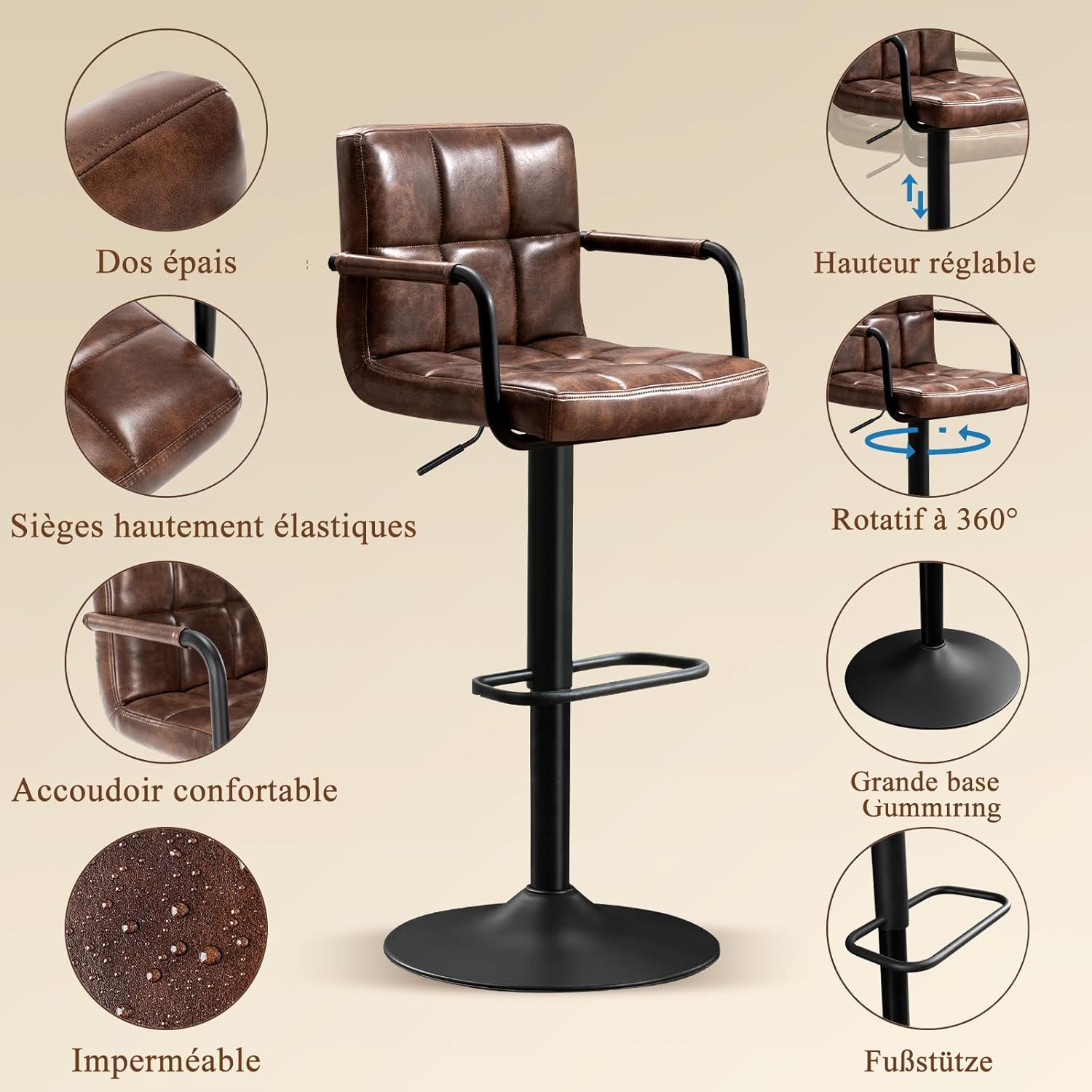 Set of 2, Barstuhl höhenverstellbar aus PU-Leather, 360 ° Swivel Chair Kitchen Chair with Armrest, Backrest and Footrest for Kitchen, W