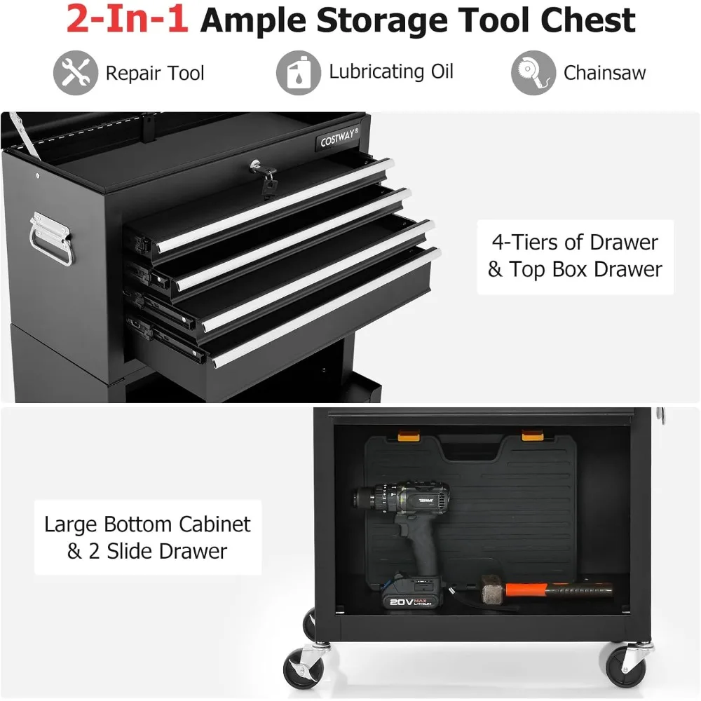 Large Rolling Tool Cabinet, 2-in-1 Detachable Metal Tool Chest Hooks & Pegboard, Lockable Tool Box Trolley, Workbenches