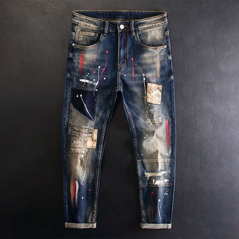2024, весенне-осенние новые модные трендовые прямые эластичные джинсы с принтом, мужские повседневные свободные удобные брюки высокого качества