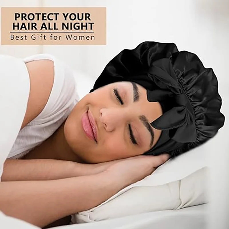 Nuevo Gorro de dormir liso de satén para mujer, gorros sedosos con bandas para atar, gorro de ducha elástico, gorro ajustable para gorros de pelo rizado