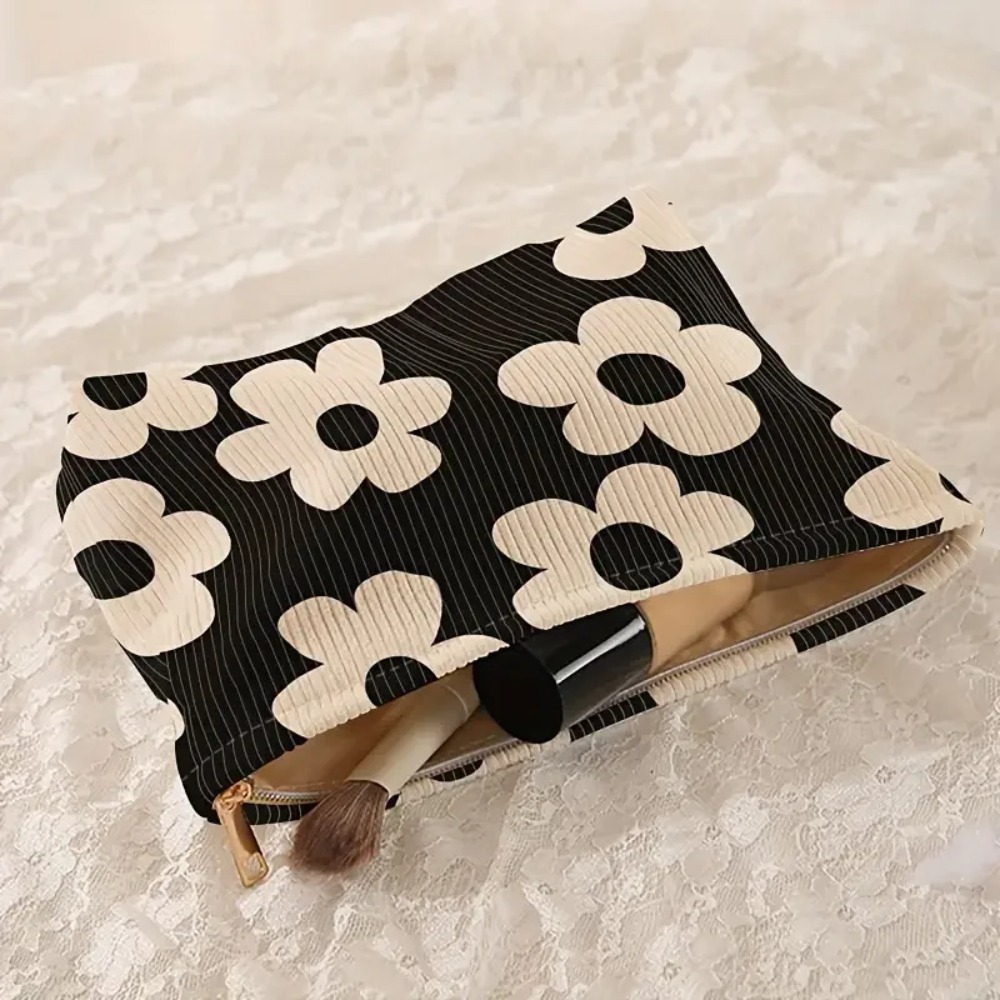 Yellow Floral Print Lightweight Zip Cosmetic Bag Organiser Corduroy with Lining Multifunctional Bag