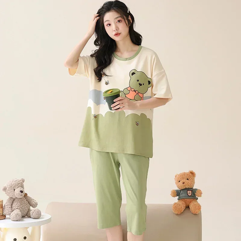 SUKAE-Conjunto de Pijamas para mujer, M-5XL de talla grande hasta la pantorrilla, ropa de dormir con cuello redondo, Pijamas informales cómodos Vintage de algodón para mujer