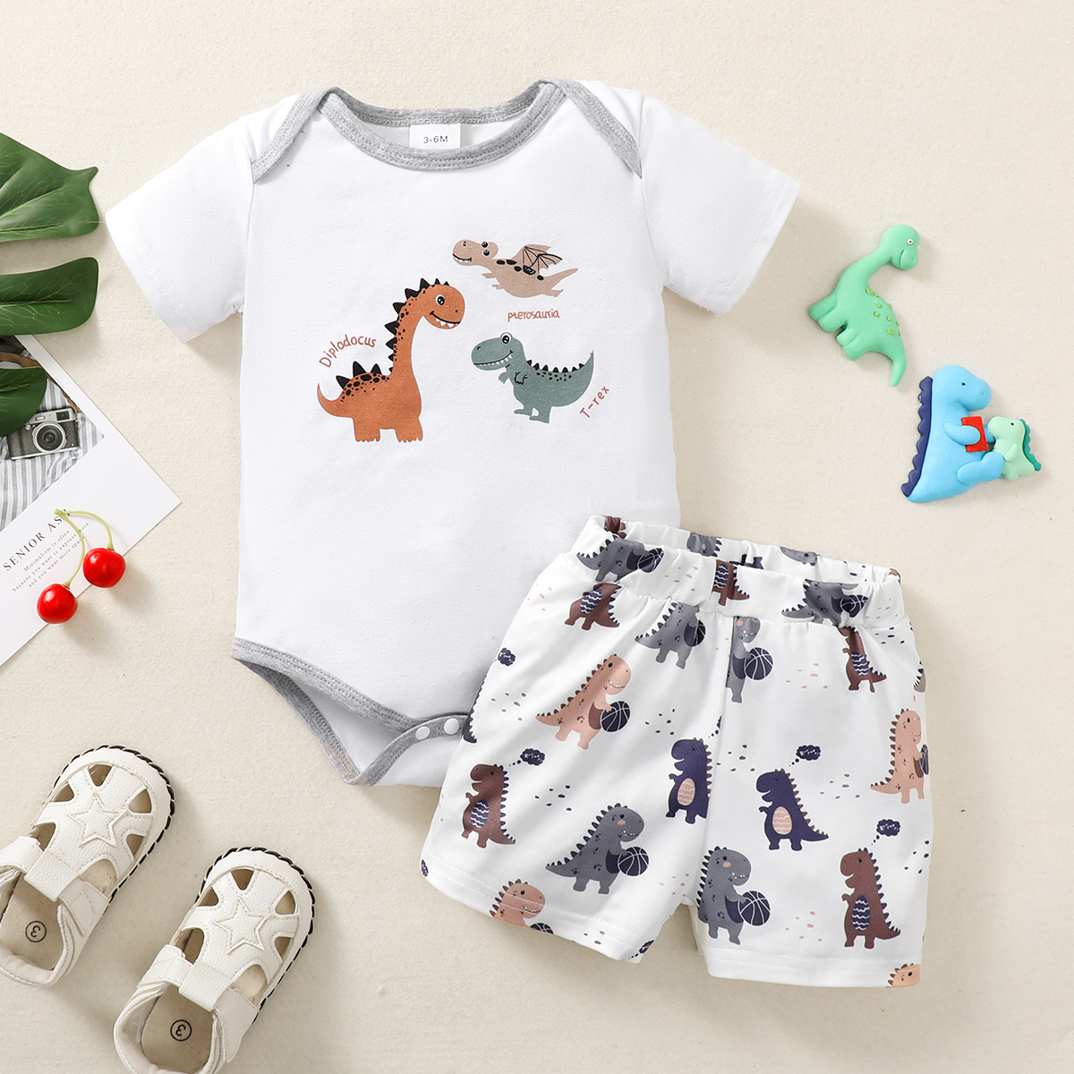 Estate 0-1 anni Cool Boy Outfit Dinosauro Manica corta Top Pantaloni 2 pezzi Tuta estiva Abbigliamento moda