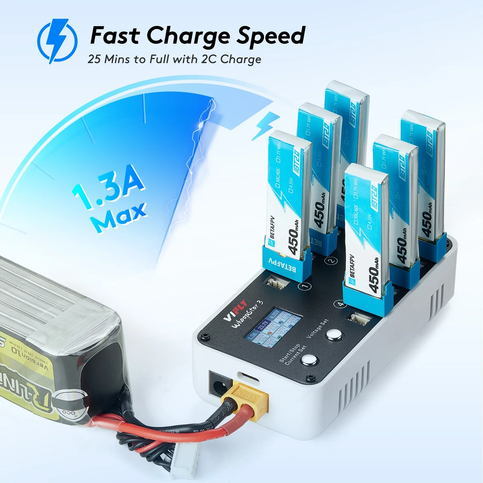 Vifly-バッテリー充電器,3 v,6ポート,1s,LiPoバッテリー充電器,fpv, tinywhoop, 4.2v, 4.35v, bt2.0, ph2.0,新規