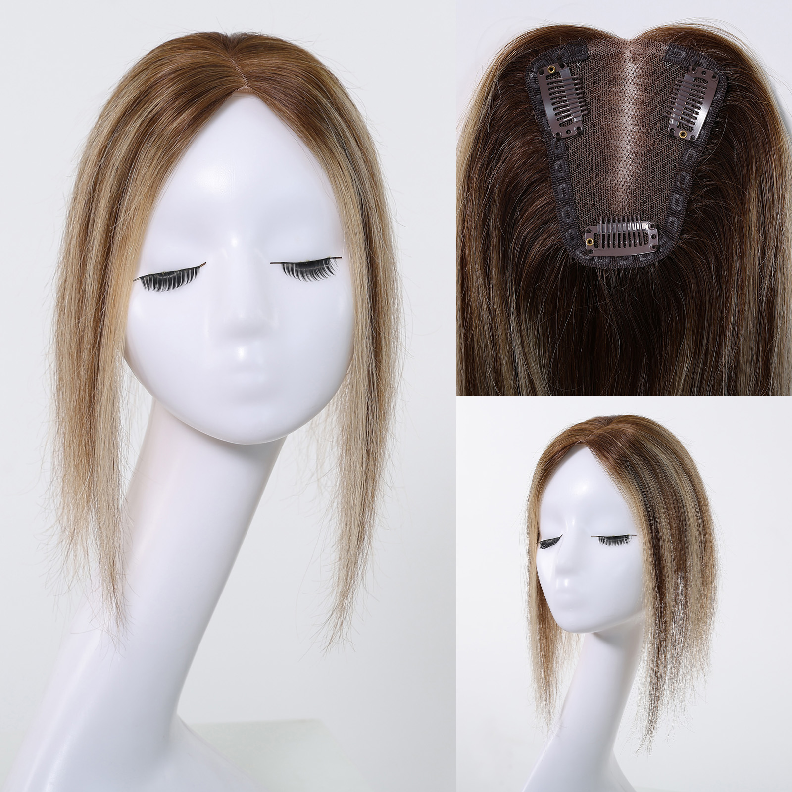 Toppers de cabelo humano loiro misto marrom, parte intermediária, 100% cabelo humano remy, base de renda reta, clipe em postiços para mulheres, perda de cabelo