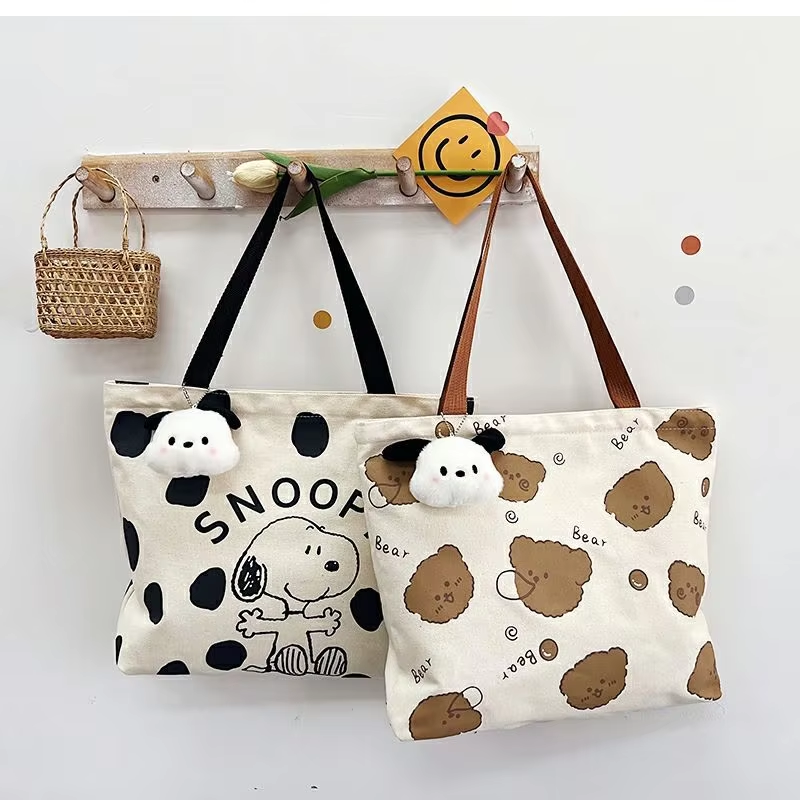 Miniso snoopy bolsa de lona feminina, bolsa de grande capacidade, moda desenho animado, bolsa de ombro multiuso com suspensão